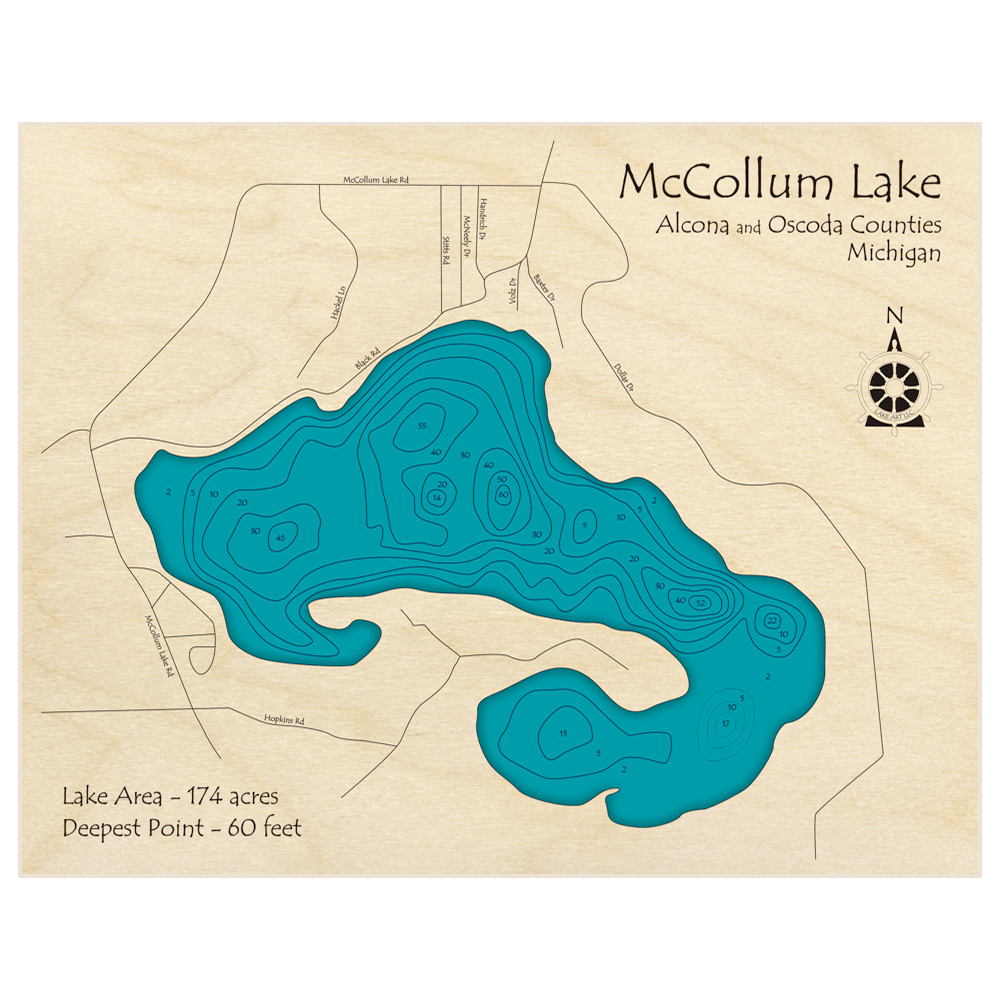 Bathymetric topo map of McCollum Lake with roads, towns and depths noted in blue water