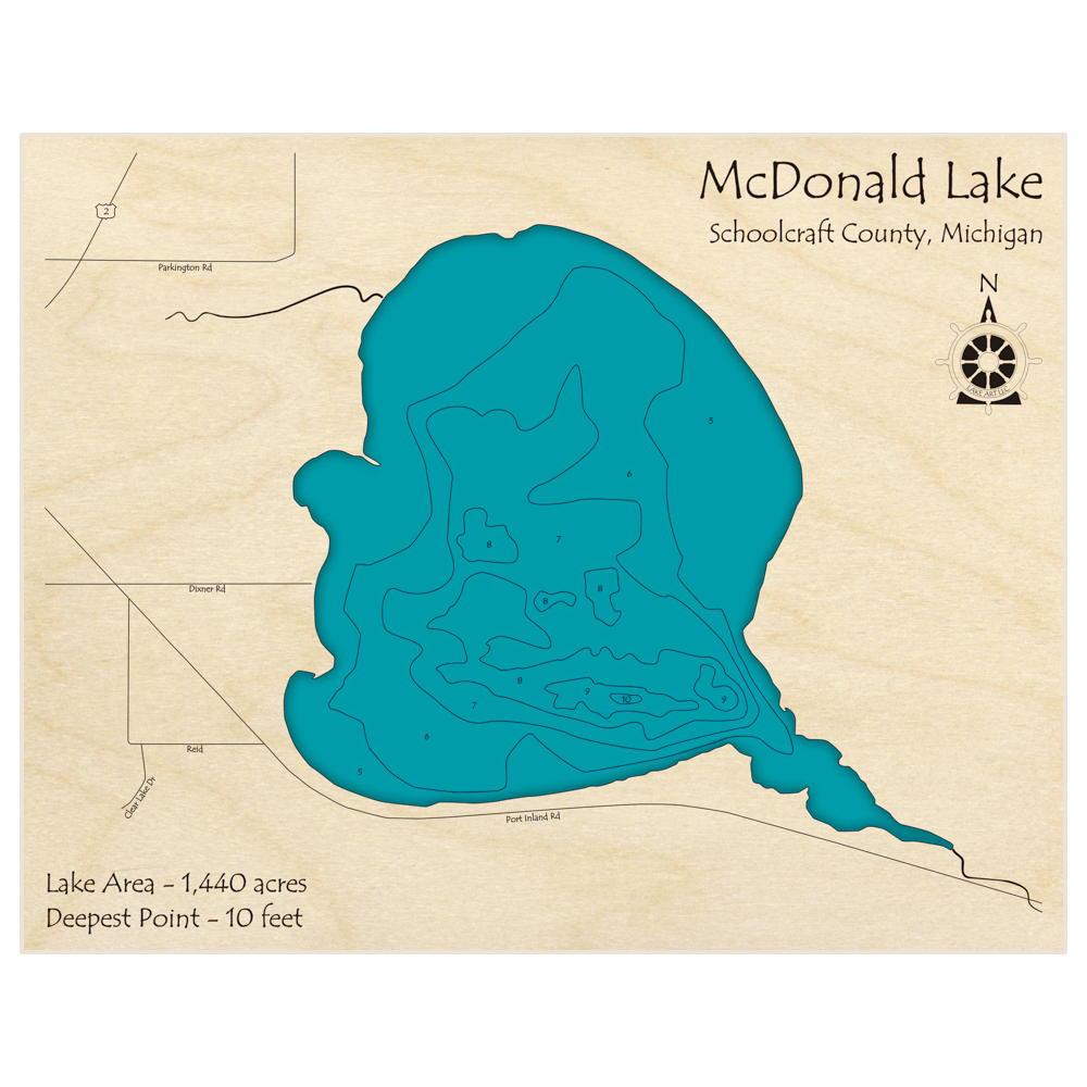 Bathymetric topo map of McDonald Lake with roads, towns and depths noted in blue water