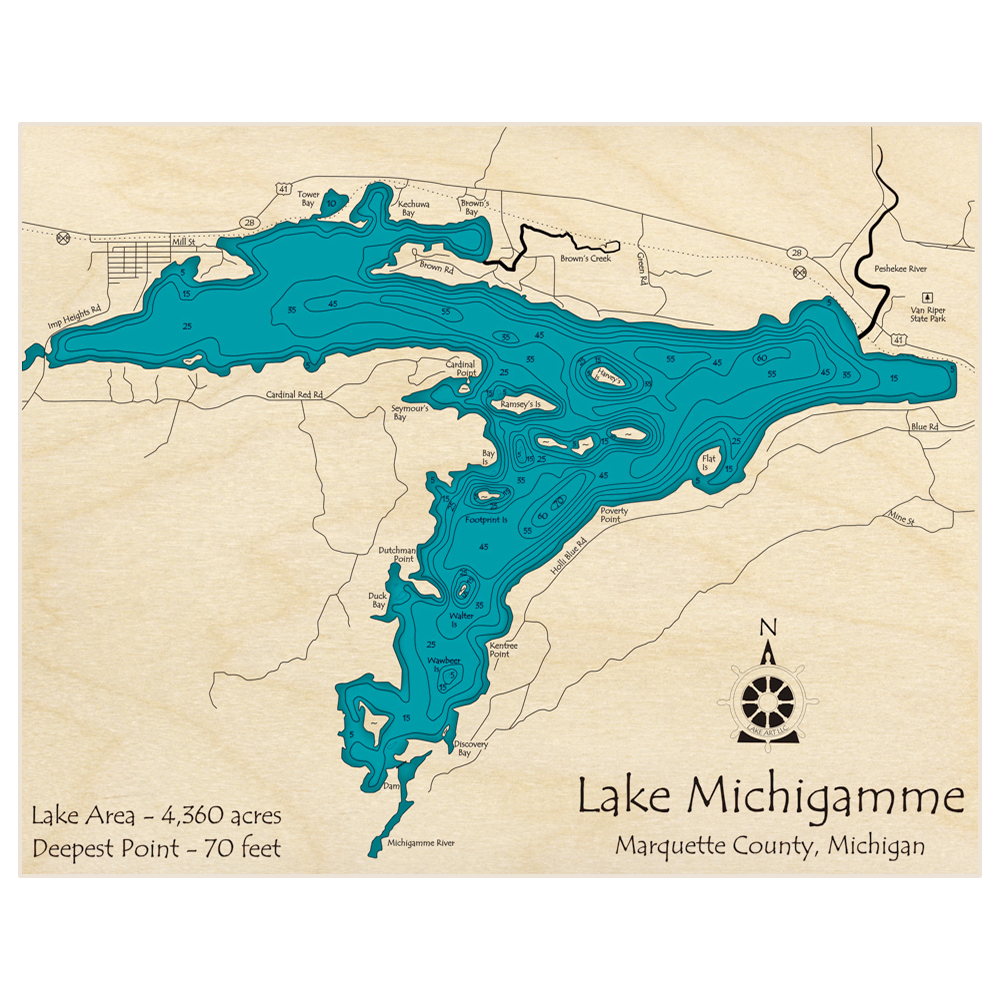 Bathymetric topo map of Lake Michigamme with roads, towns and depths noted in blue water