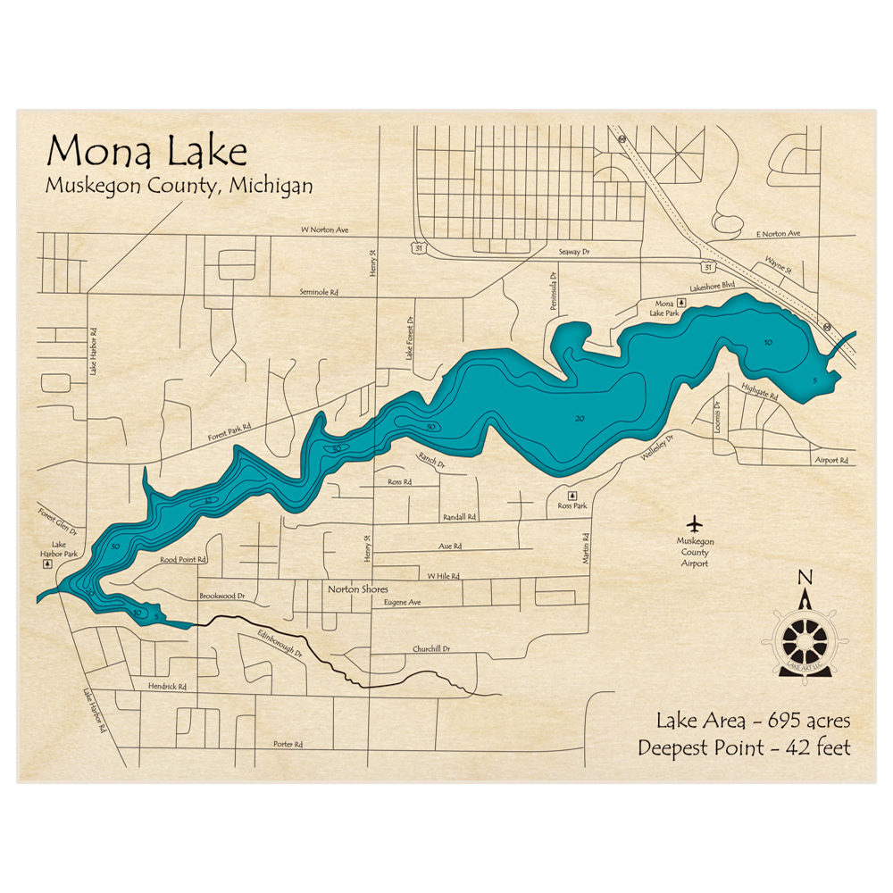 Bathymetric topo map of Mona Lake with roads, towns and depths noted in blue water