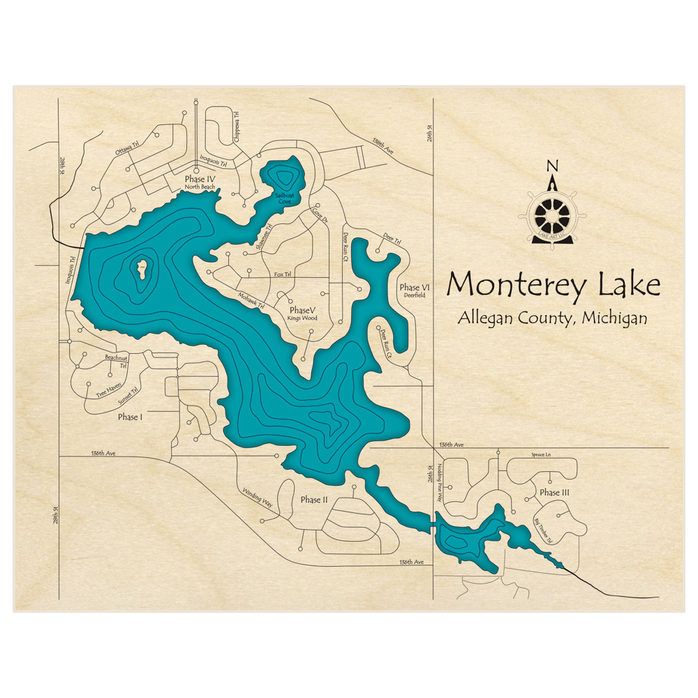 Bathymetric topo map of Monterey Lake  with roads, towns and depths noted in blue water