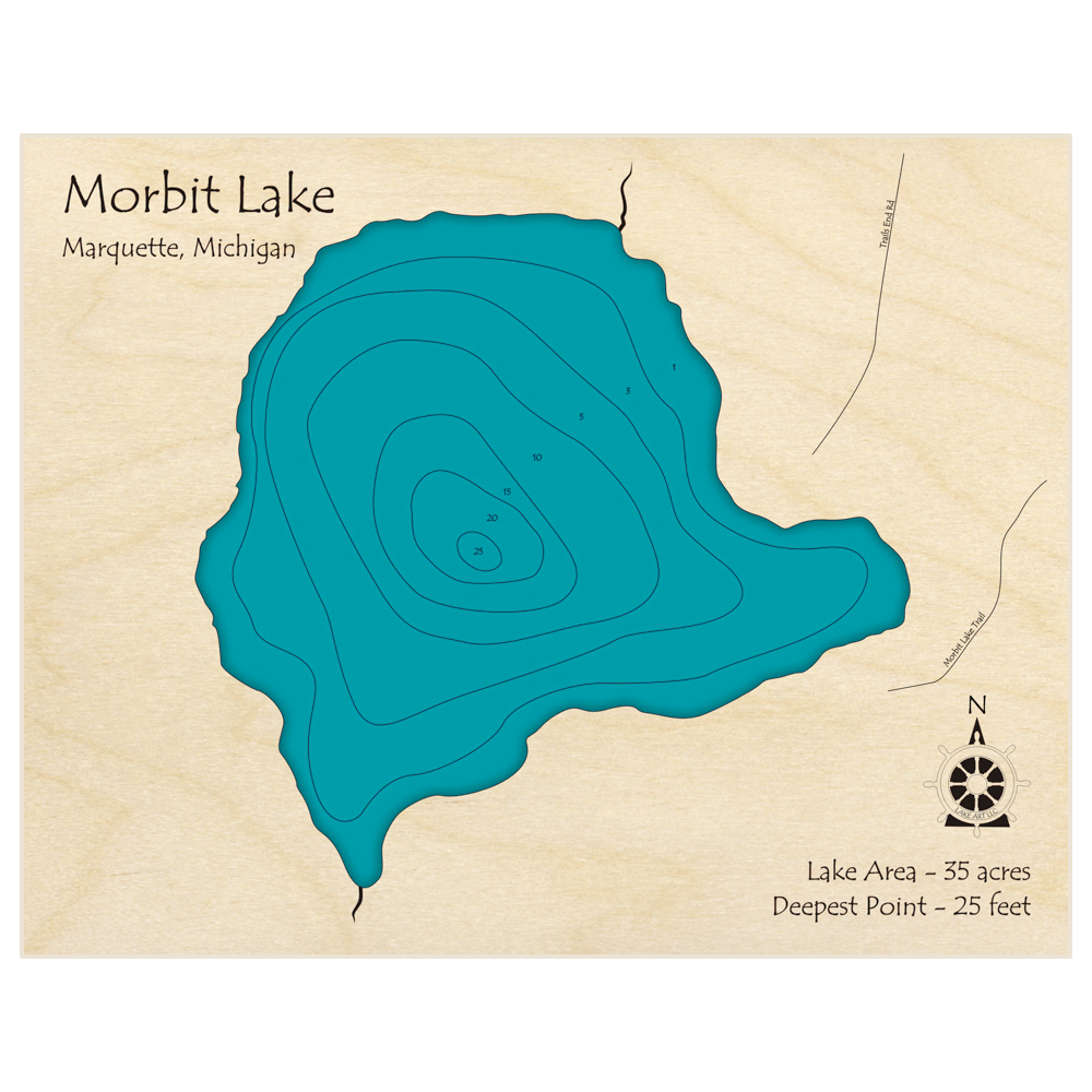 Bathymetric topo map of Morbit Lake with roads, towns and depths noted in blue water