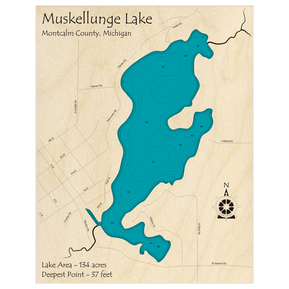 Bathymetric topo map of Muskellunge Lake with roads, towns and depths noted in blue water