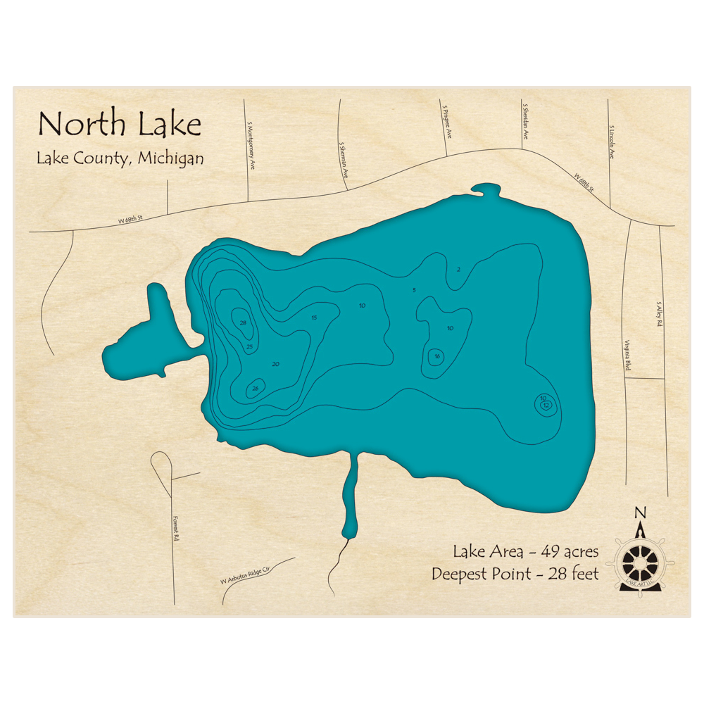 Bathymetric topo map of North Lake with roads, towns and depths noted in blue water