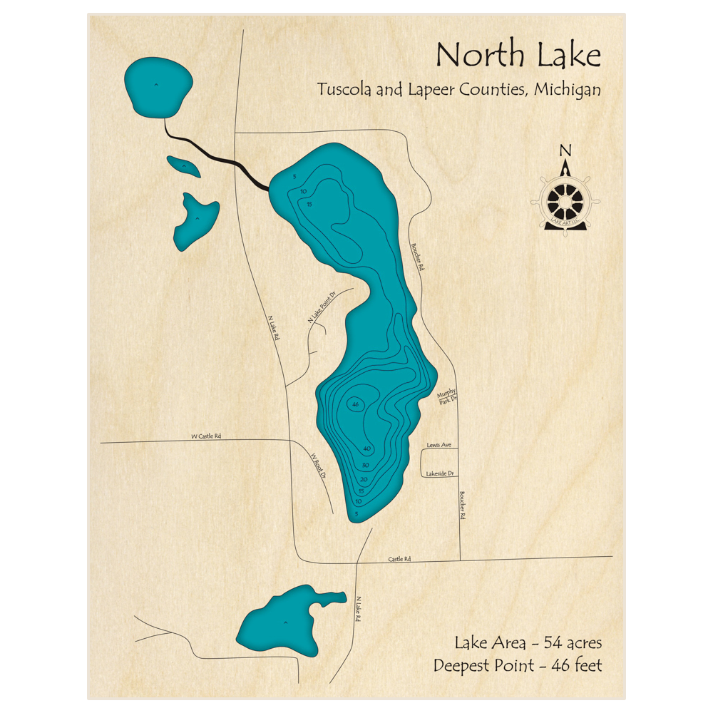 Bathymetric topo map of North Lake with roads, towns and depths noted in blue water