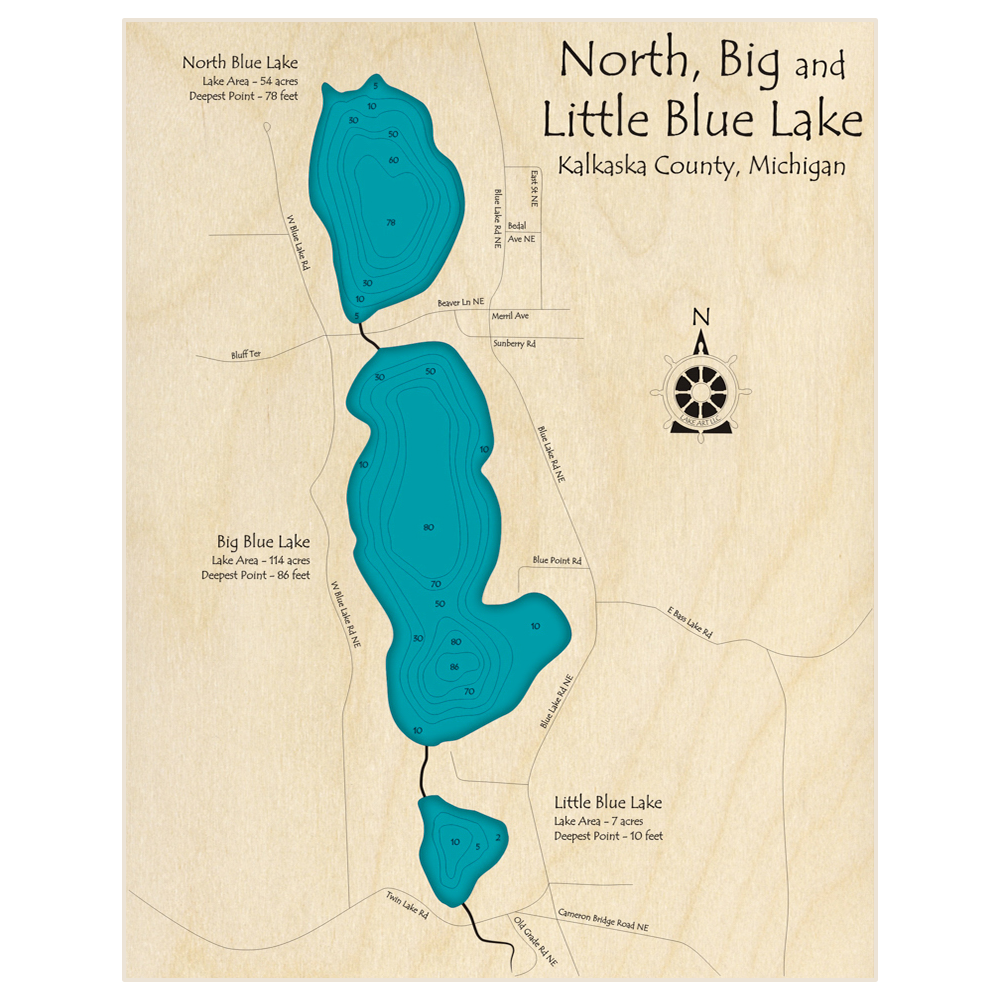 Bathymetric topo map of North Big and Little Blue Lakes with roads, towns and depths noted in blue water