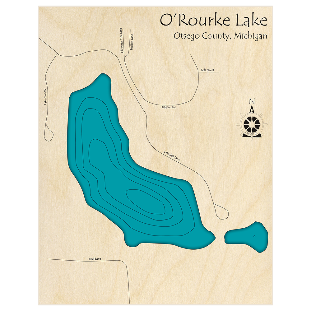 Bathymetric topo map of Orourke Lake  with roads, towns and depths noted in blue water