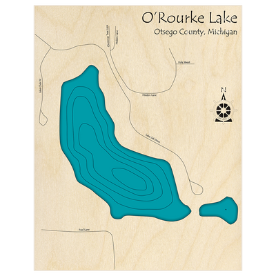 Bathymetric topo map of Orourke Lake  with roads, towns and depths noted in blue water