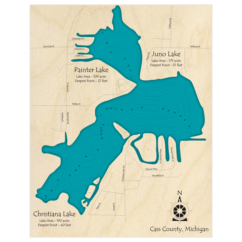 Bathymetric topo map of Painter Lake (With Juno and Christiana Lakes) with roads, towns and depths noted in blue water
