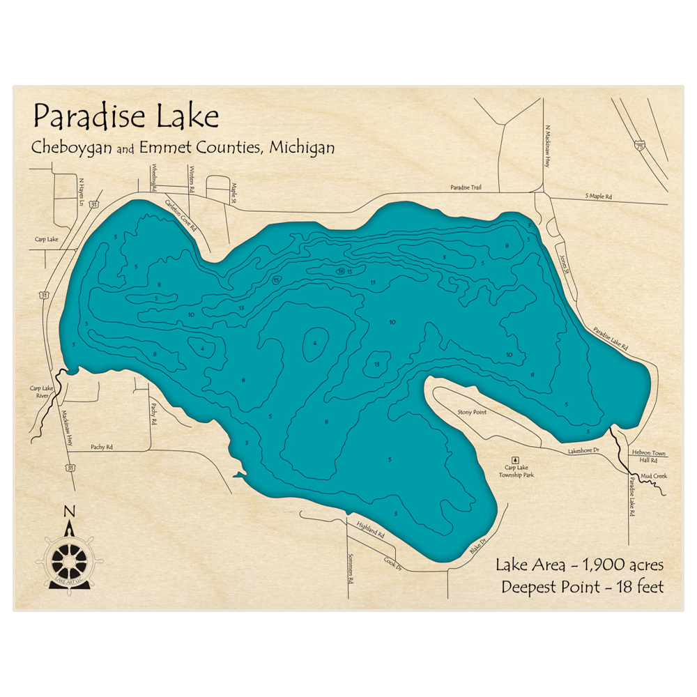 Bathymetric topo map of Paradise Lake - Carp Lake with roads, towns and depths noted in blue water