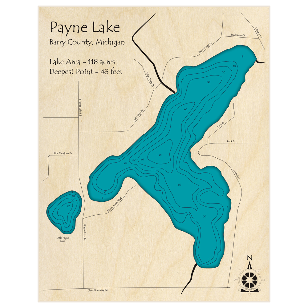 Bathymetric topo map of Payne Lake (With Little Payne Lake) with roads, towns and depths noted in blue water