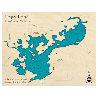 Bathymetric topo map of Peavy Pond with roads, towns and depths noted in blue water
