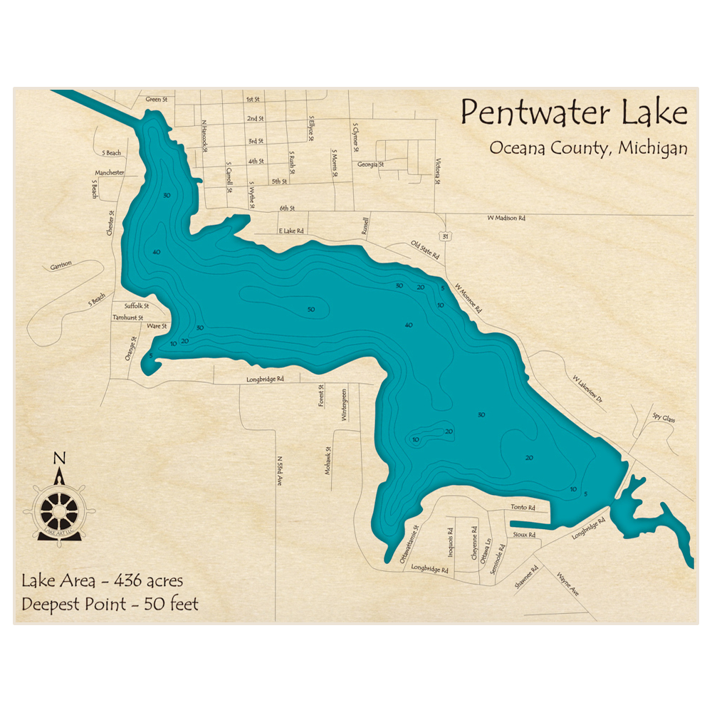 Bathymetric topo map of Pentwater Lake with roads, towns and depths noted in blue water