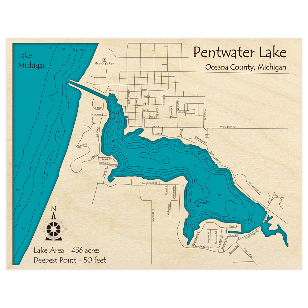 Bathymetric topo map of Pentwater Lake (And Lake Michigan Coast) with roads, towns and depths noted in blue water