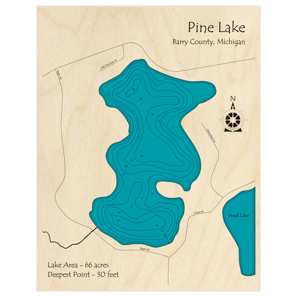 Bathymetric topo map of Pine Lake (Hope Township near Head Lake) with roads, towns and depths noted in blue water