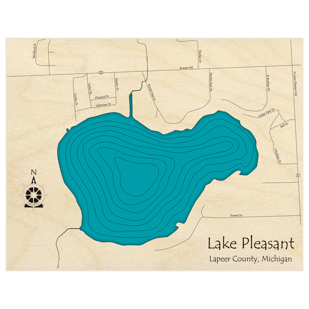 Bathymetric topo map of Lake Pleasant  with roads, towns and depths noted in blue water
