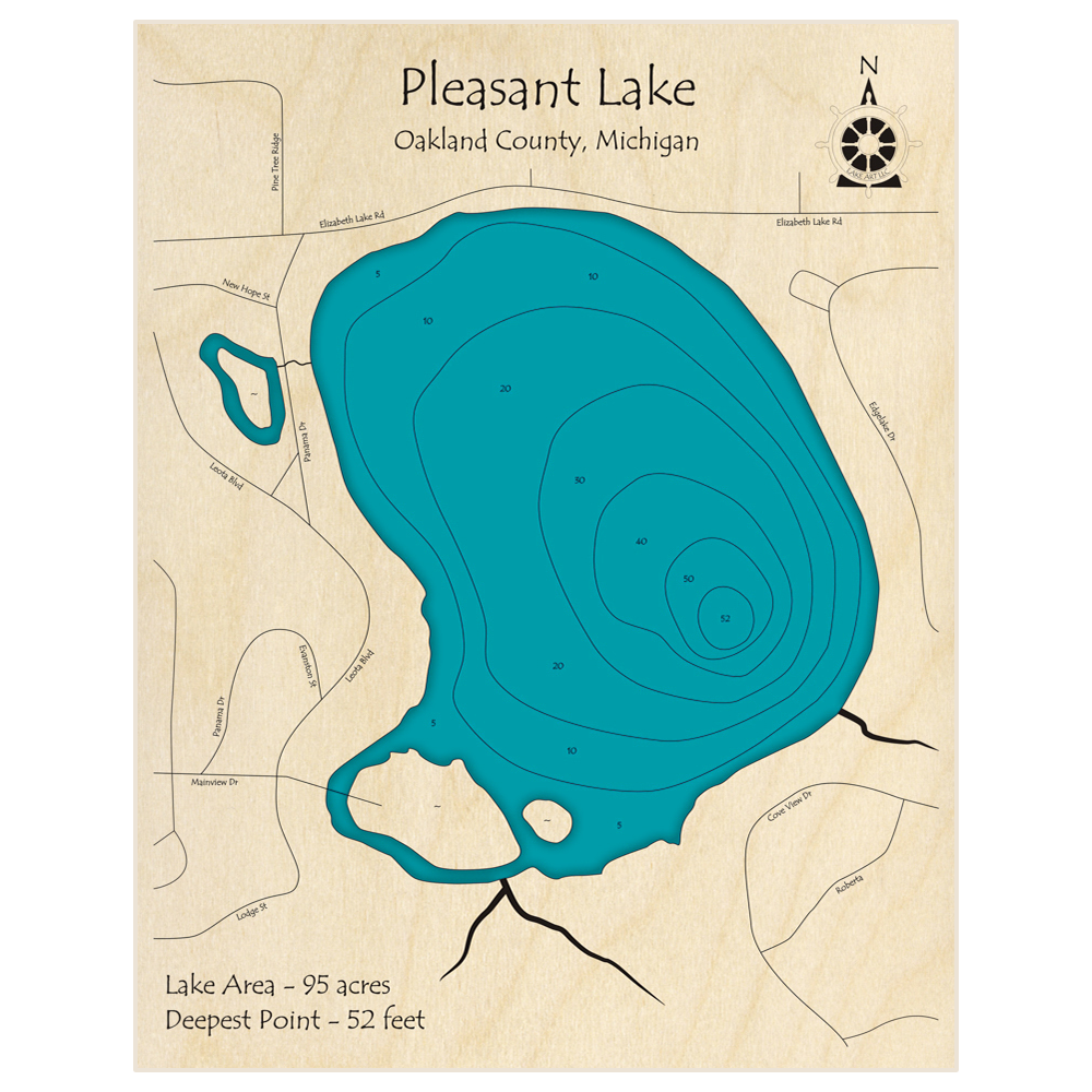 Bathymetric topo map of Pleasant Lake with roads, towns and depths noted in blue water