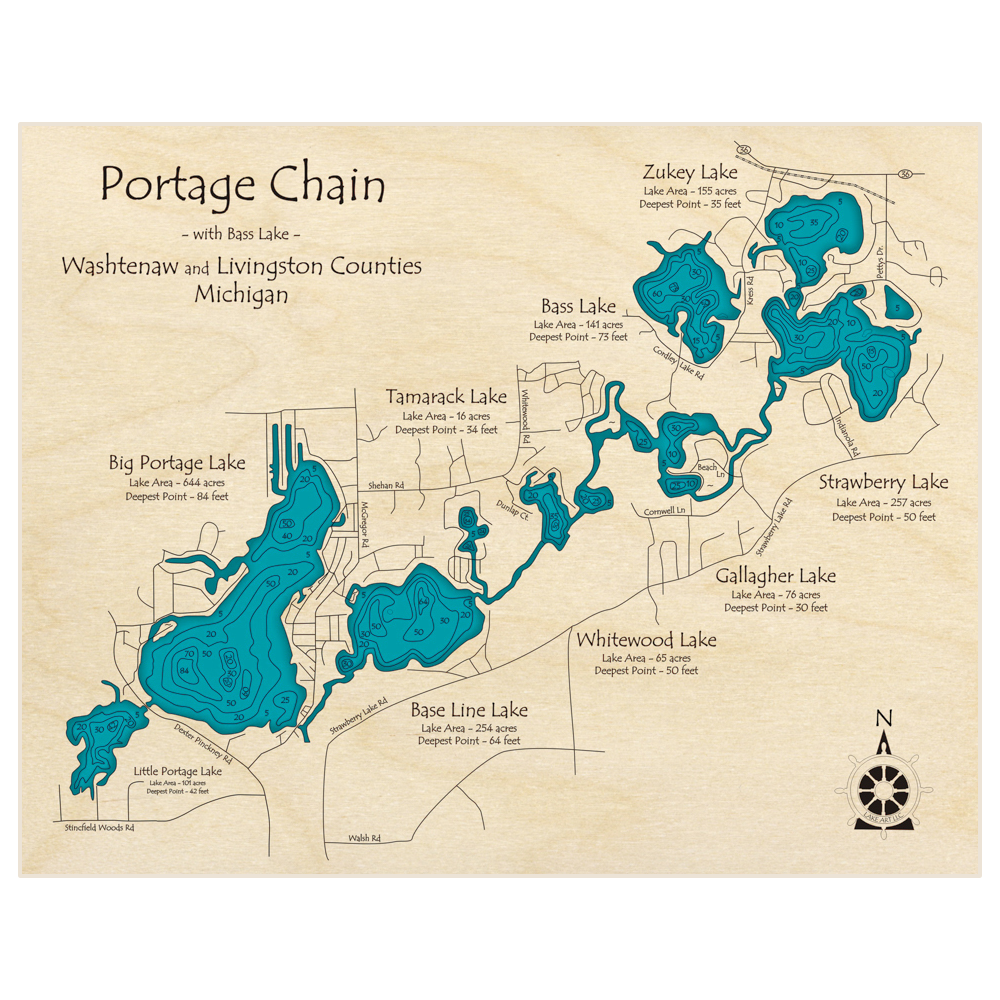 Bathymetric topo map of Portage Chain of Lakes with roads, towns and depths noted in blue water