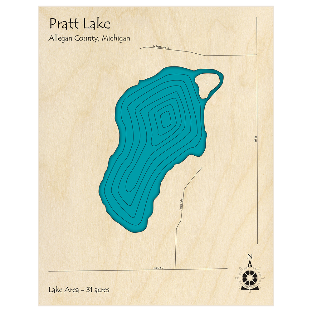 Bathymetric topo map of Pratt Lake with roads, towns and depths noted in blue water