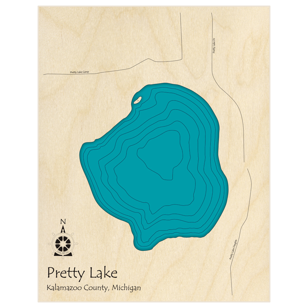 Bathymetric topo map of Pretty Lake  with roads, towns and depths noted in blue water