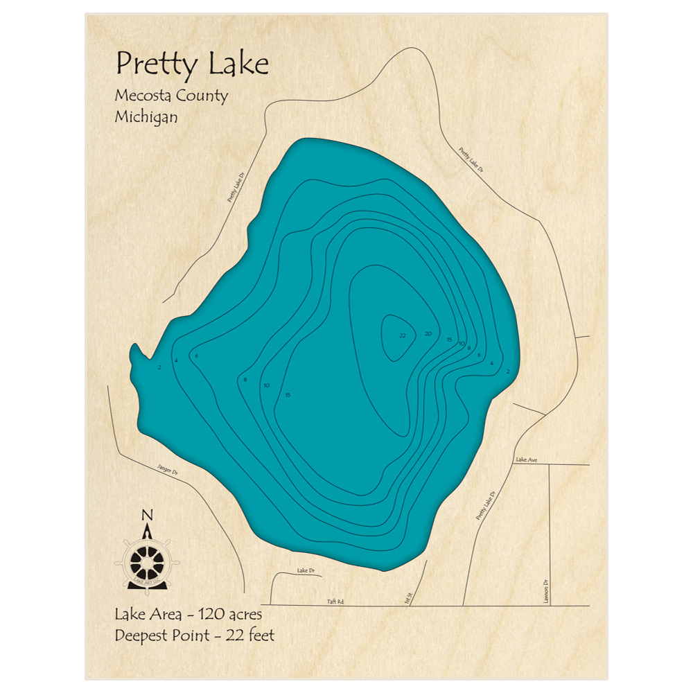Bathymetric topo map of Pretty Lake with roads, towns and depths noted in blue water