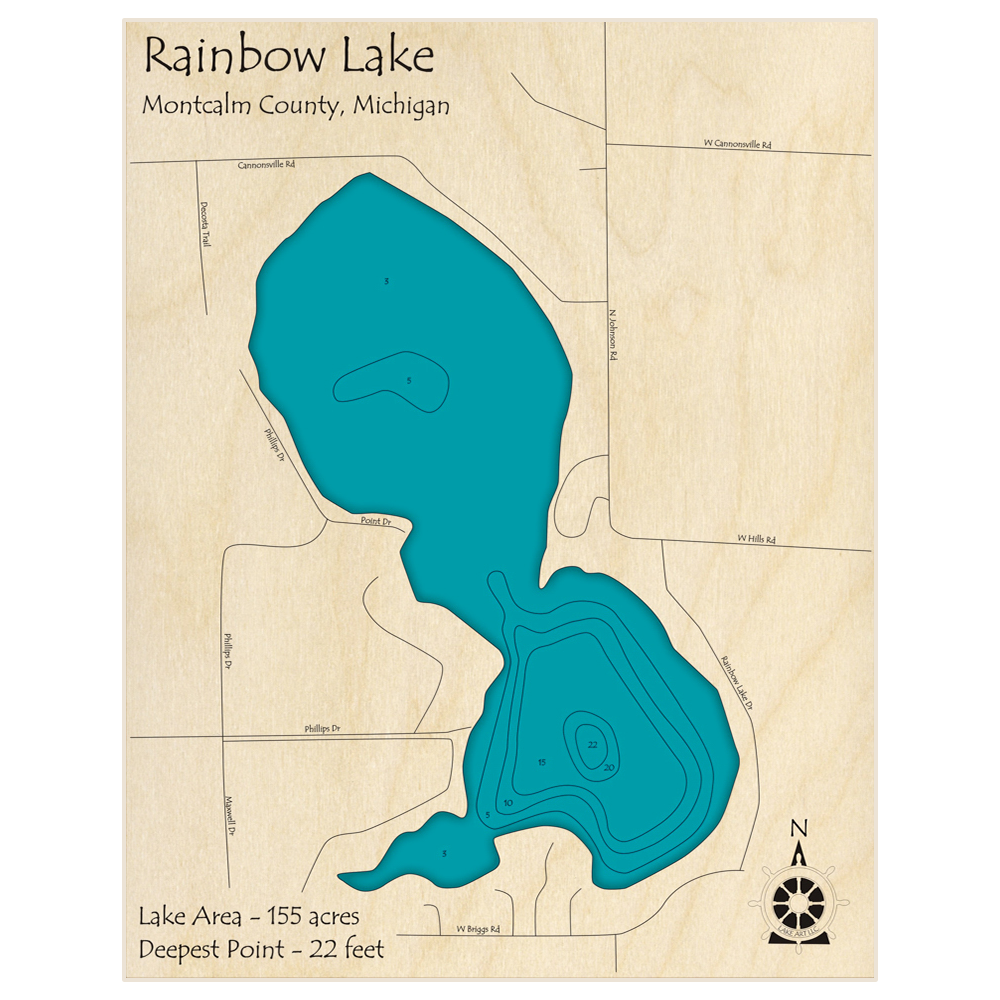 Bathymetric topo map of Rainbow Lake with roads, towns and depths noted in blue water