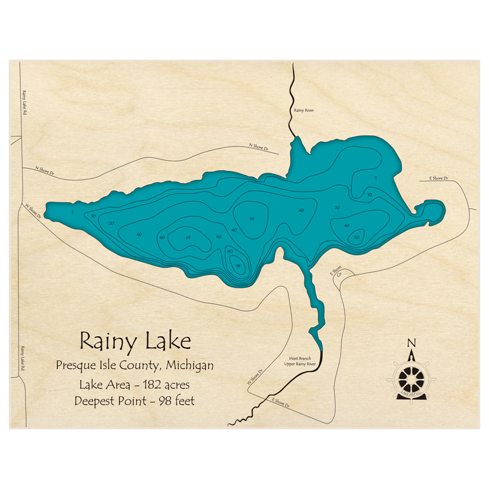 Bathymetric topo map of Rainy Lake with roads, towns and depths noted in blue water