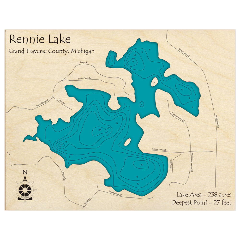 Bathymetric topo map of Rennie Lake with roads, towns and depths noted in blue water