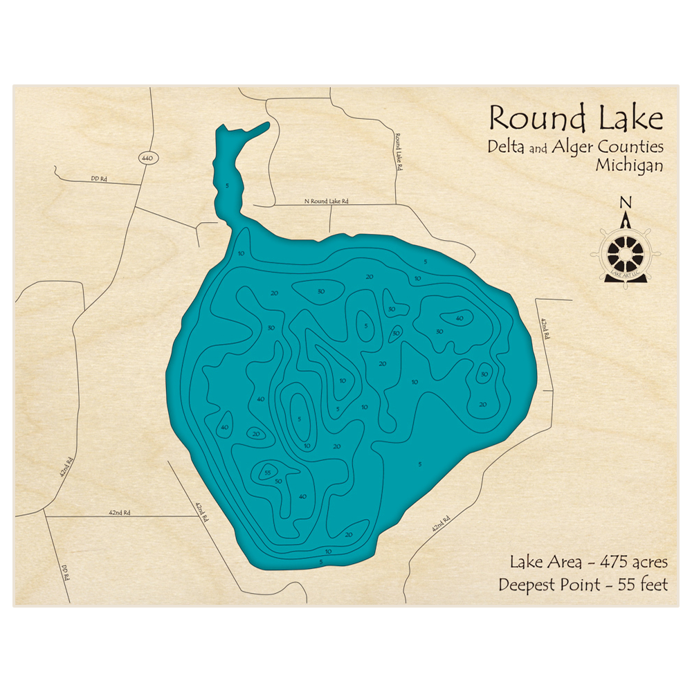 Bathymetric topo map of Round Lake with roads, towns and depths noted in blue water