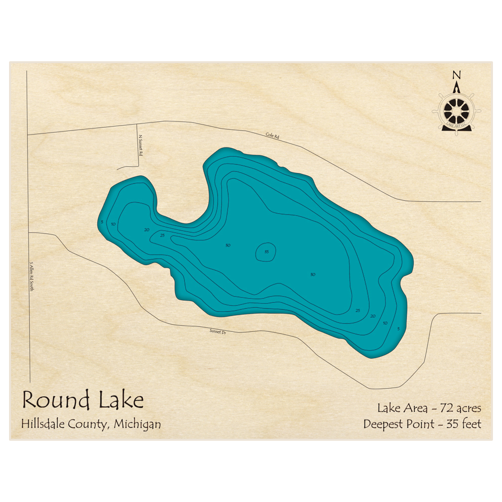 Bathymetric topo map of Round Lake with roads, towns and depths noted in blue water