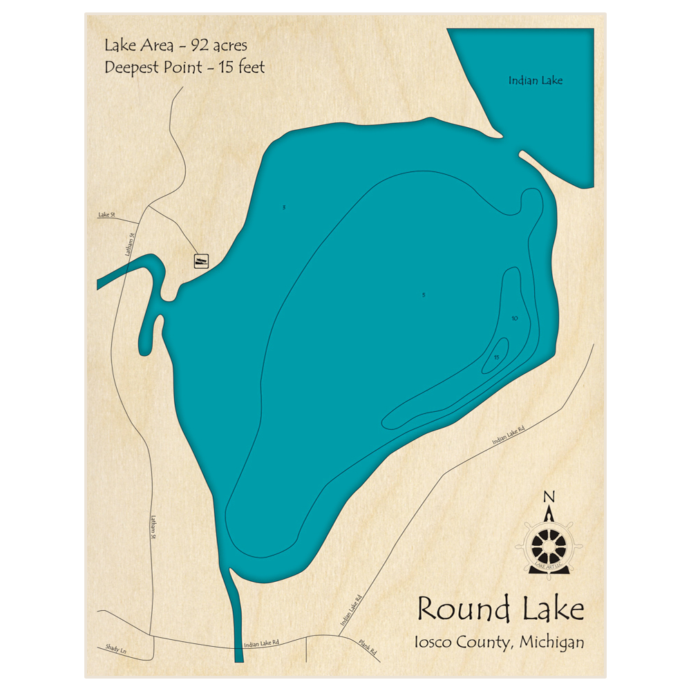 Bathymetric topo map of Round Lake with roads, towns and depths noted in blue water