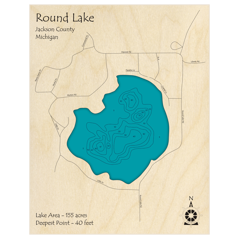 Bathymetric topo map of Round Lake with roads, towns and depths noted in blue water