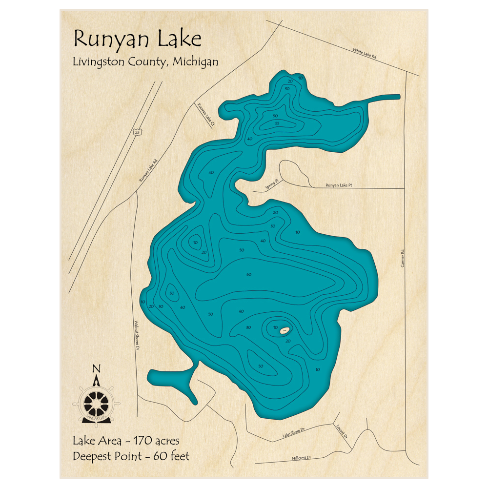 Bathymetric topo map of Runyan Lake with roads, towns and depths noted in blue water