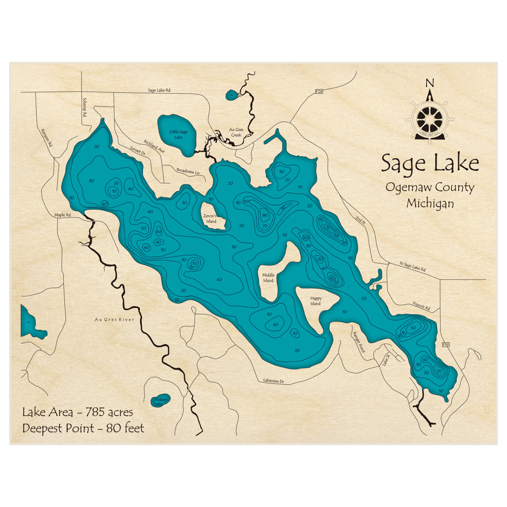 Bathymetric topo map of Sage Lake with roads, towns and depths noted in blue water