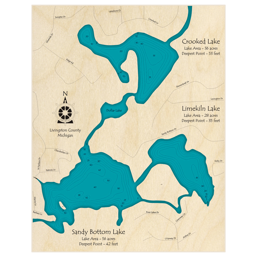 Bathymetric topo map of Sandy Bottom Lake (With Limekiln and Crooked Lakes) with roads, towns and depths noted in blue water