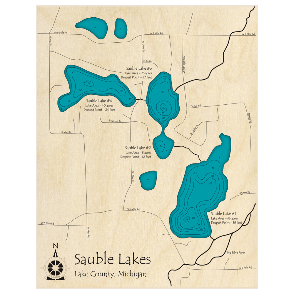 Bathymetric topo map of Sauble Lakes (#1 #2 #3 #4) with roads, towns and depths noted in blue water