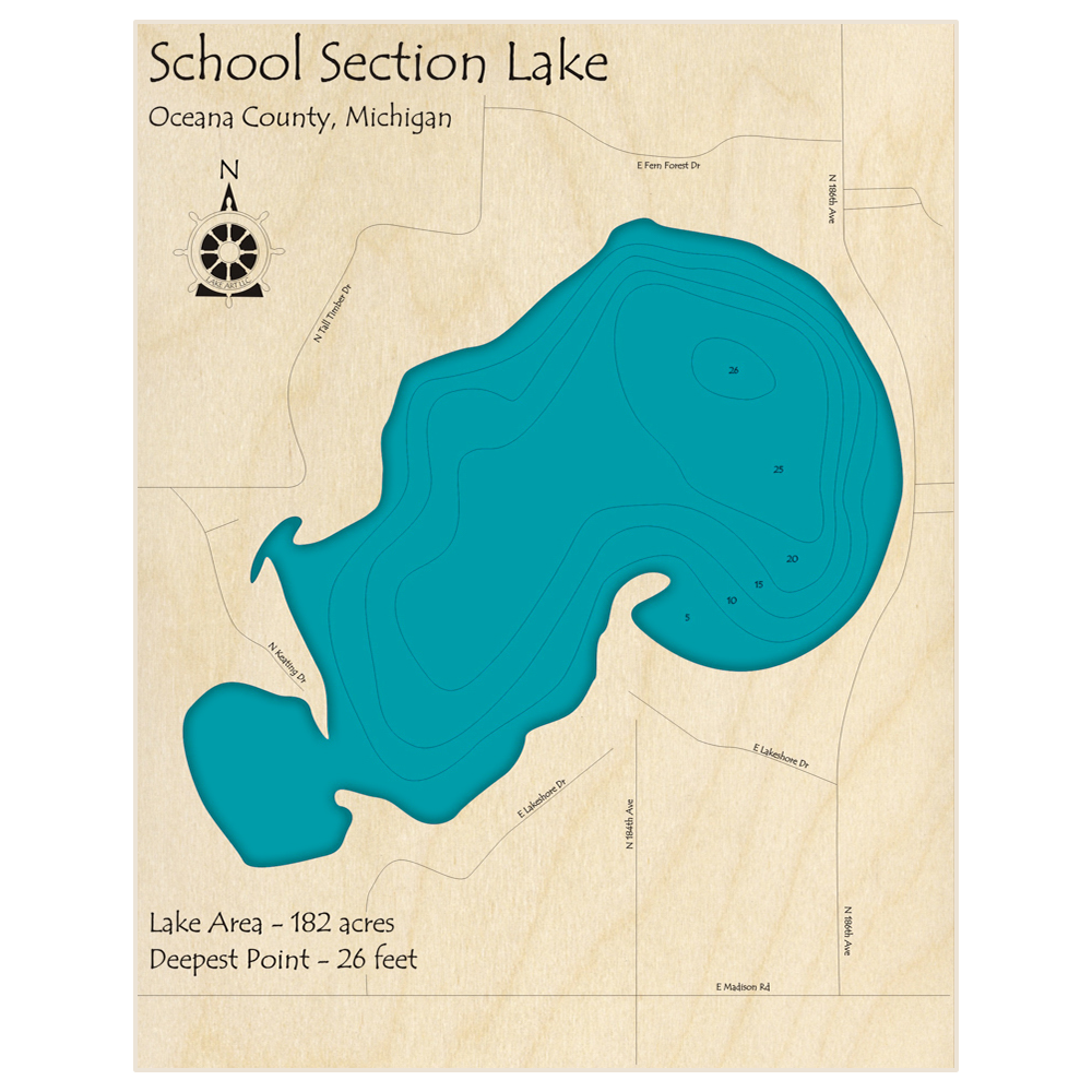 Bathymetric topo map of School Section Lake with roads, towns and depths noted in blue water