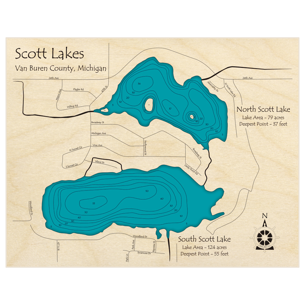 Bathymetric topo map of Scott Lakes (North and South Scott Lakes) with roads, towns and depths noted in blue water