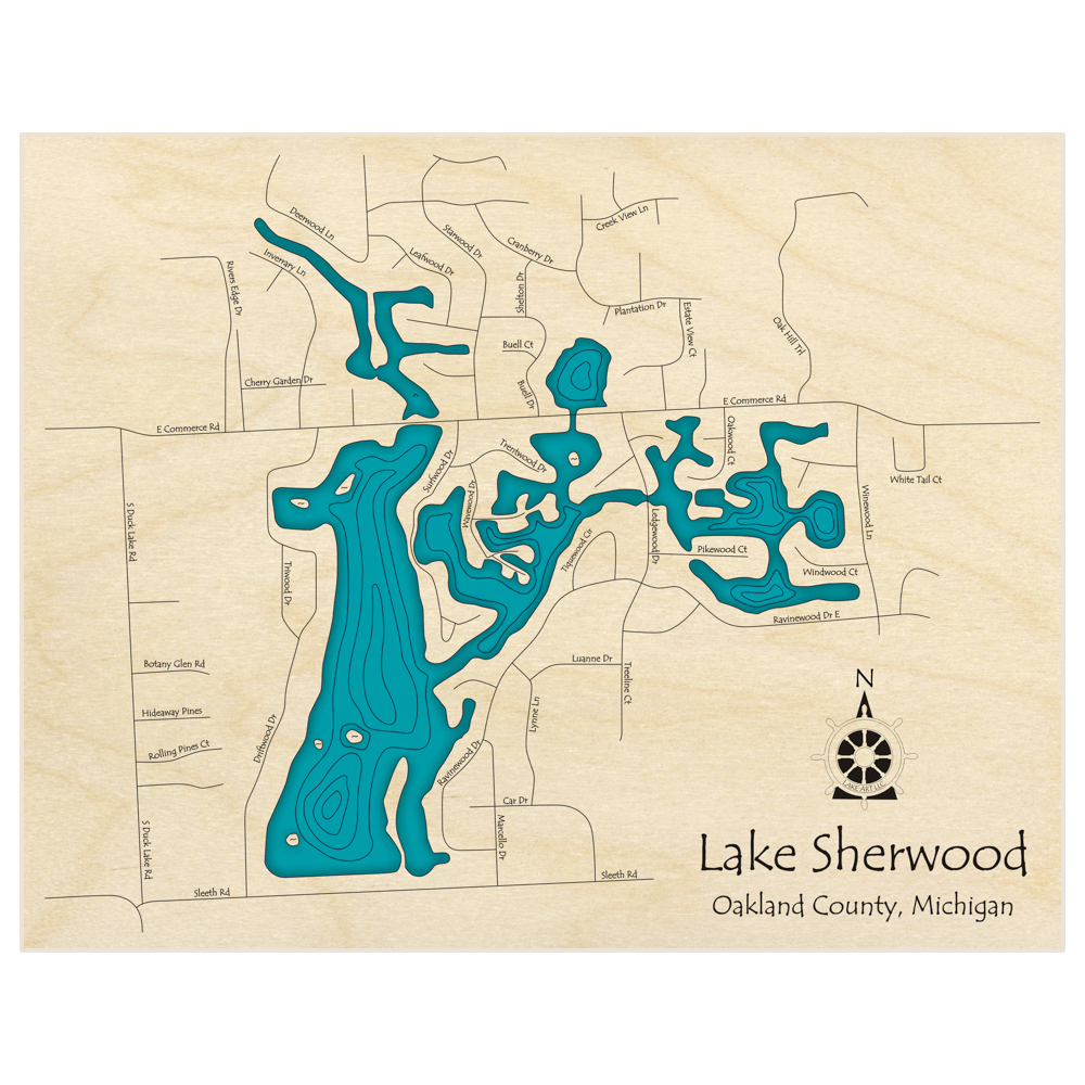 Bathymetric topo map of Lake Sherwood  with roads, towns and depths noted in blue water