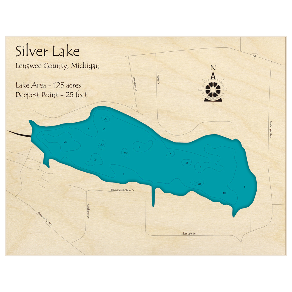 Bathymetric topo map of Silver Lake with roads, towns and depths noted in blue water