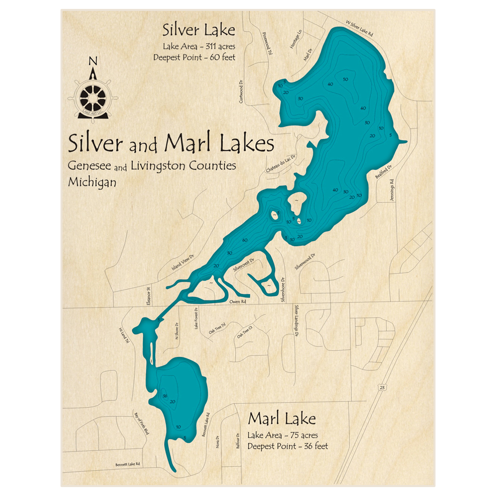 Bathymetric topo map of Silver Lake (w Marl Lake) with roads, towns and depths noted in blue water