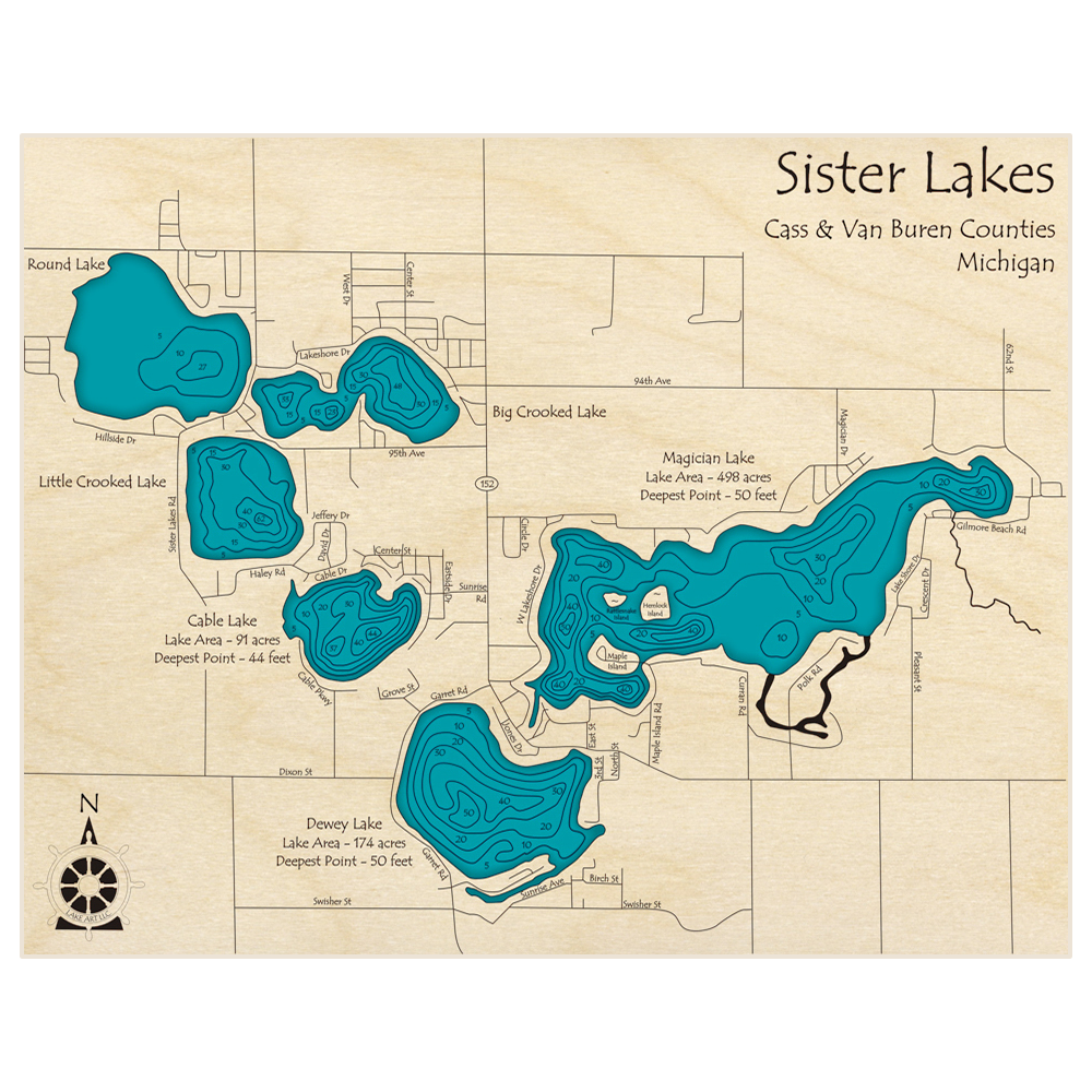 Bathymetric topo map of Sister Lakes with roads, towns and depths noted in blue water