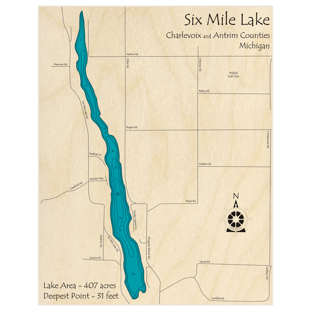 Bathymetric topo map of Six Mile Lake with roads, towns and depths noted in blue water