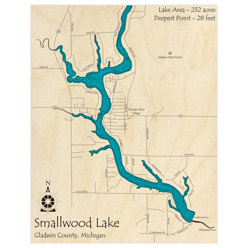 Bathymetric topo map of Smallwood Lake with roads, towns and depths noted in blue water