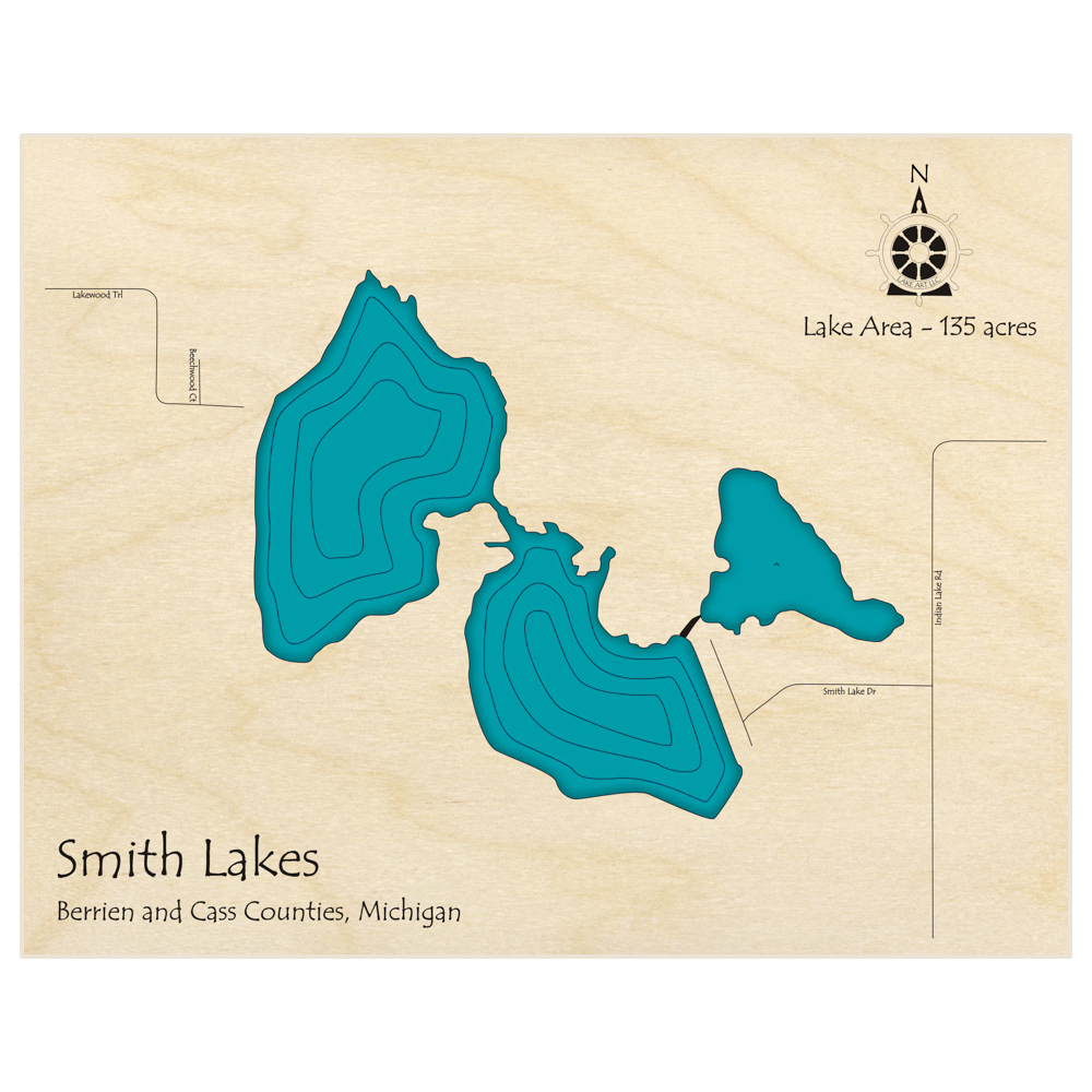 Bathymetric topo map of Smith Lakes with roads, towns and depths noted in blue water