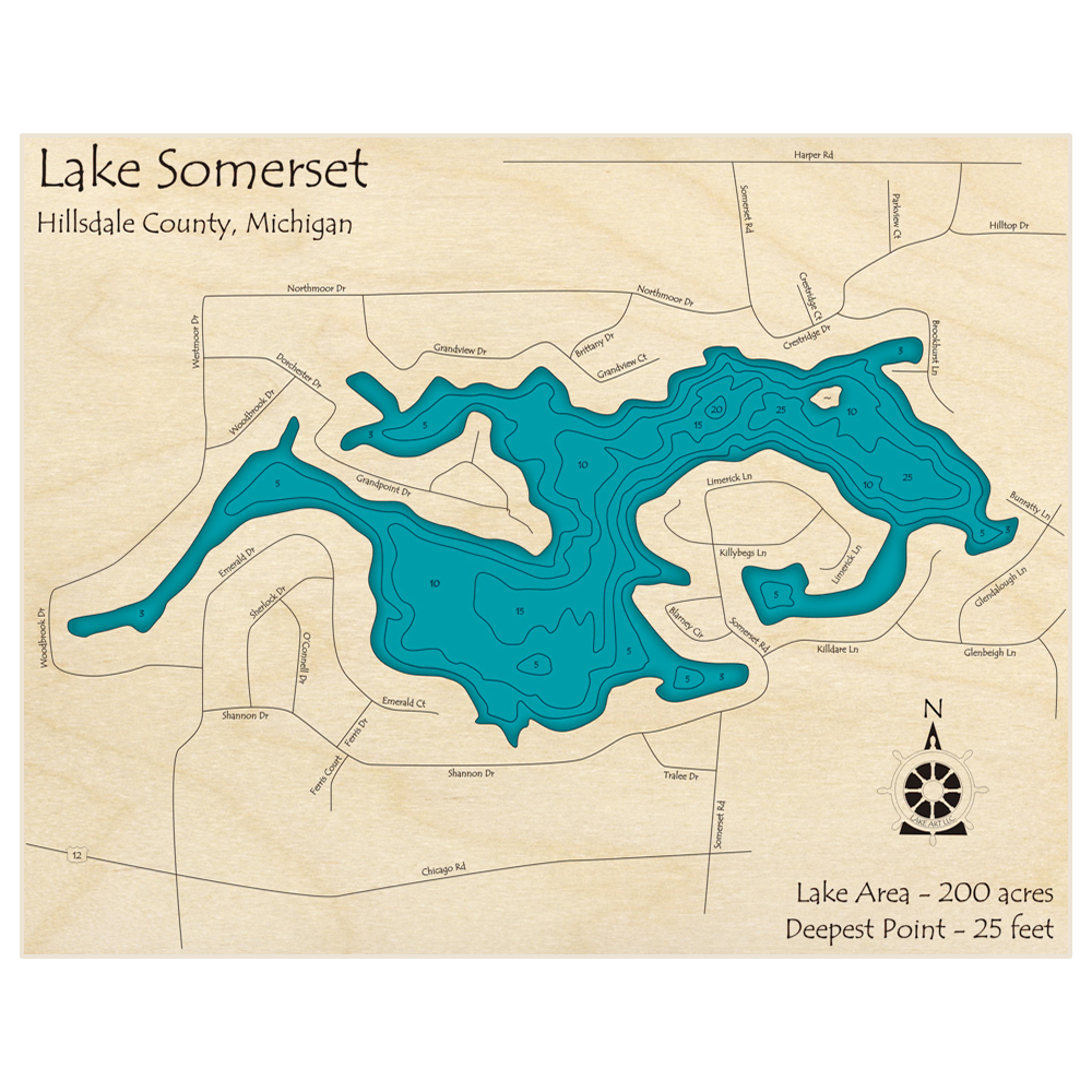 Bathymetric topo map of Lake Somerset with roads, towns and depths noted in blue water
