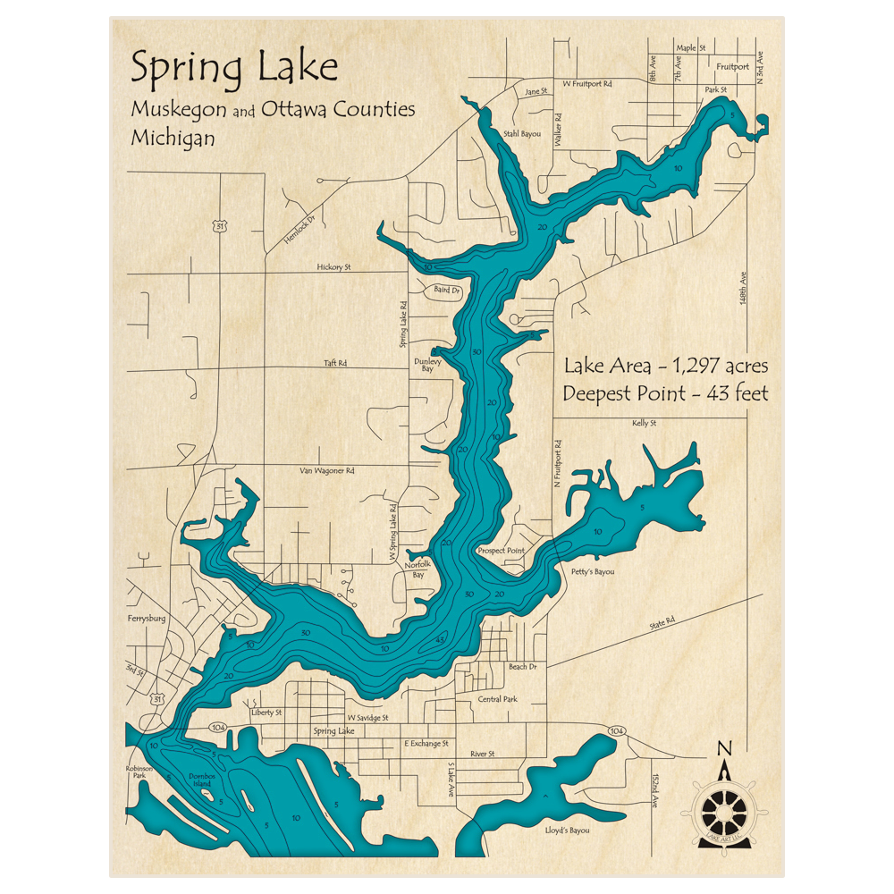 Bathymetric topo map of Spring Lake with roads, towns and depths noted in blue water