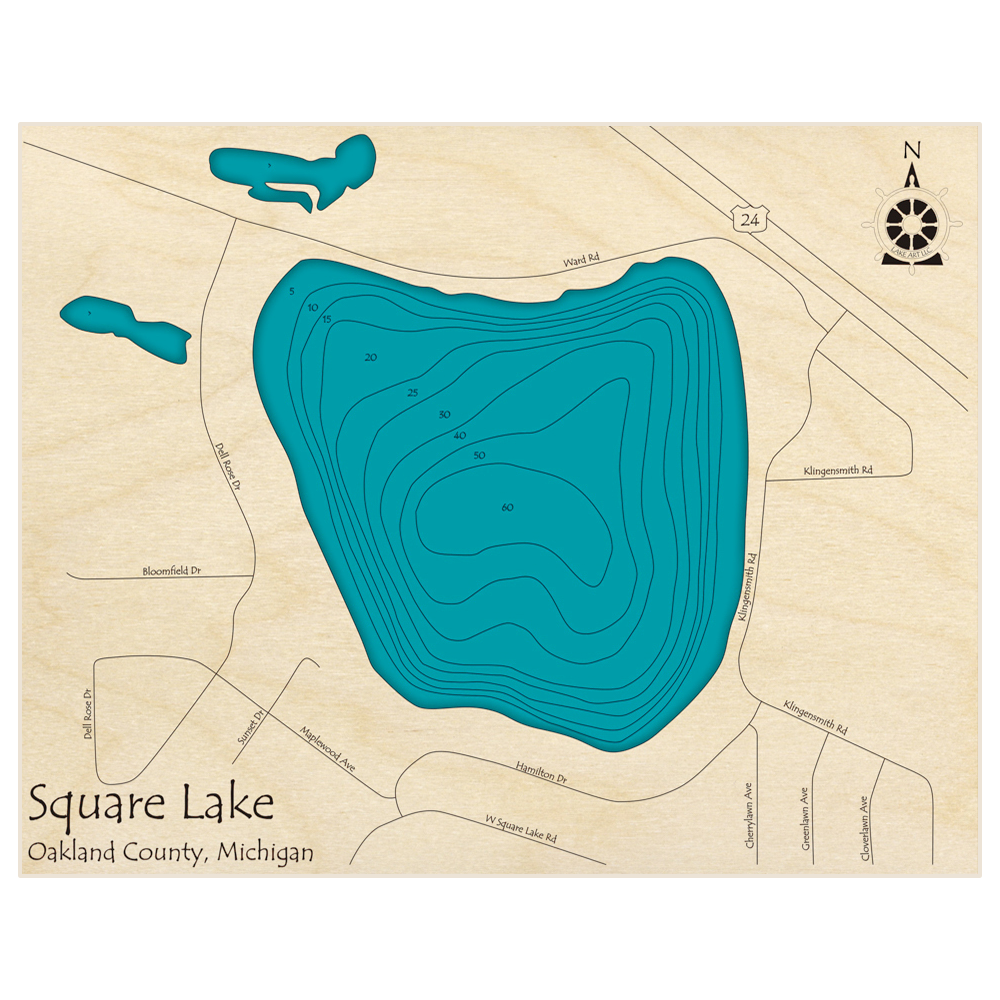 Bathymetric topo map of Square Lake (Bloomfield Hills) with roads, towns and depths noted in blue water
