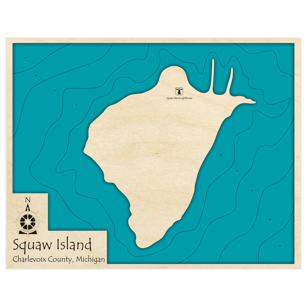 Bathymetric topo map of Squaw Island with roads, towns and depths noted in blue water