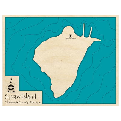 Bathymetric topo map of Squaw Island with roads, towns and depths noted in blue water